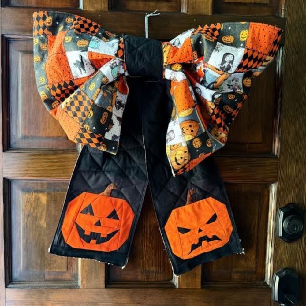 Handmade Reclaimed Fabric Quilted reversible Front Door Bow Fall/Halloween